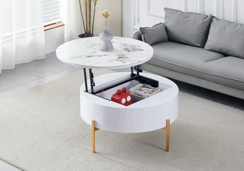 Table basse ronde dorée céramique marbre beige - Vega