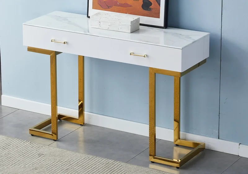Console coiffeuse dorée marbre beige - Lena