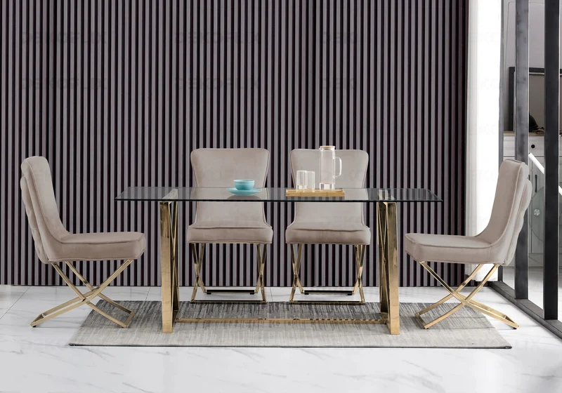 Table verre et 4 chaises velours taupe dorée - Enzo