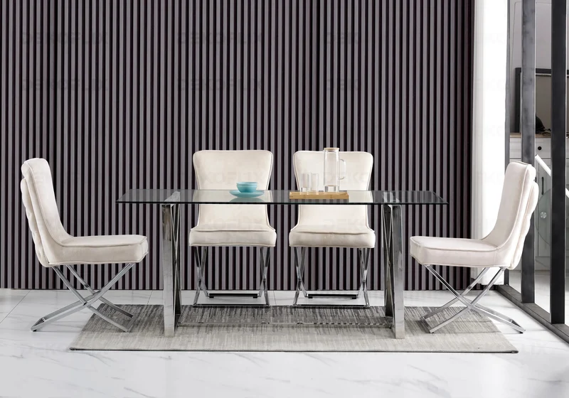 Table verre et 4 chaises velours beige argent - Enzo