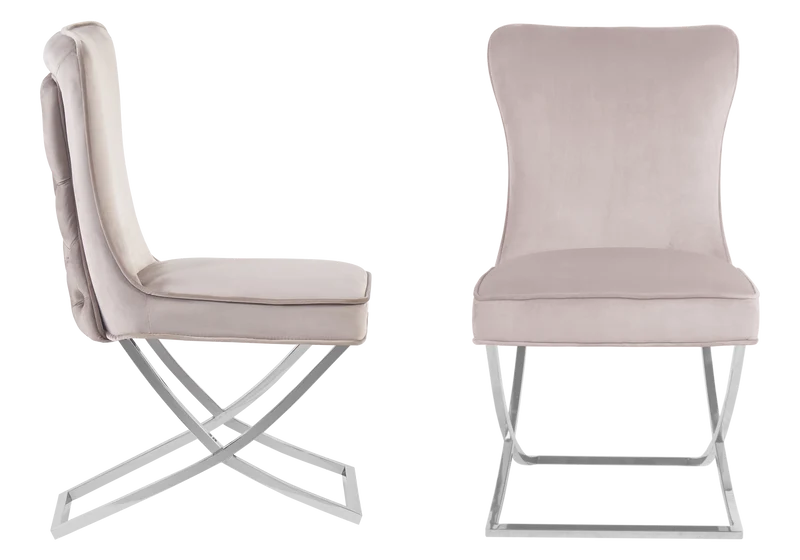 Table verre et 4 chaises velours beige argent - Enzo