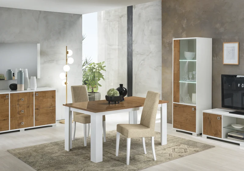 Salle à manger laquée blanc & bois naturel – SARAH