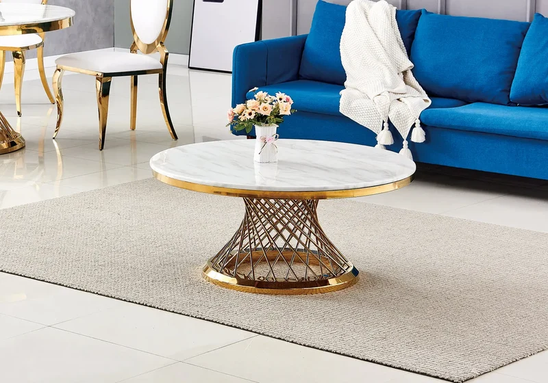 Table basse ronde dorée marbre blanc - Luc