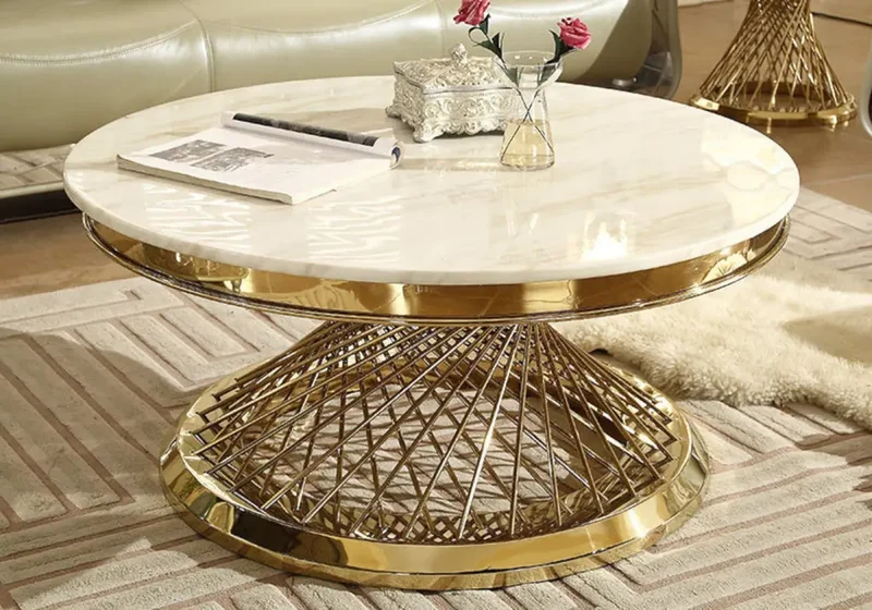 Table basse ronde dorée marbre blanc - Luc