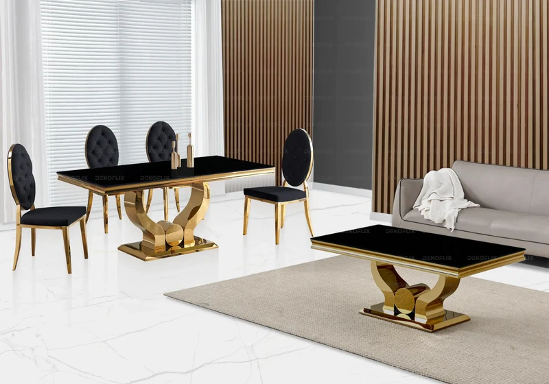 Chaise médaillon capitonnée velours noir doré - Neo x4