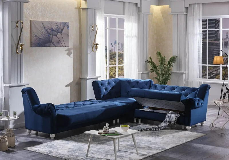 Canapé d’angle capitonné velours bleu – MEVA