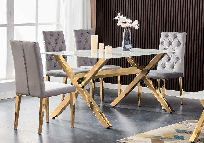 Chaise velours capitonnée écru pieds dorés - Neva x4