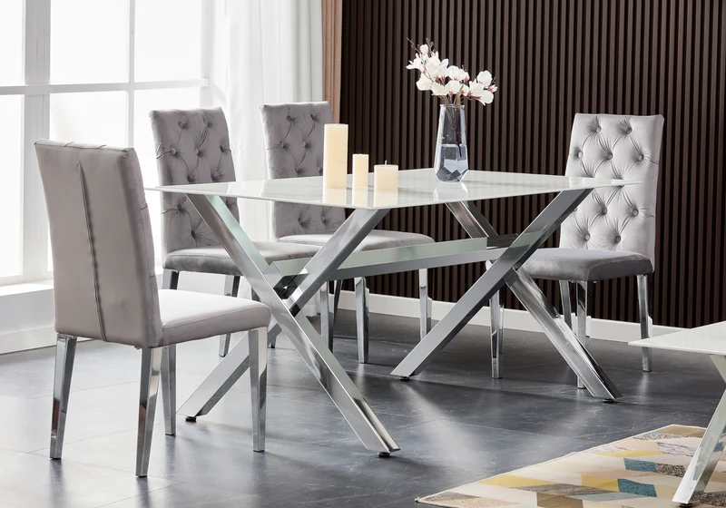 Table à manger marbre blanc pieds X argent - Cross