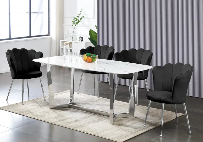 Chaise de table coquillage velours noir pieds noir - Nymea x2
