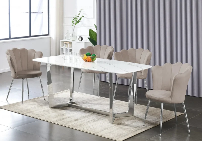 Chaise de table coquillage velours taupe pieds noir - Nymea x2