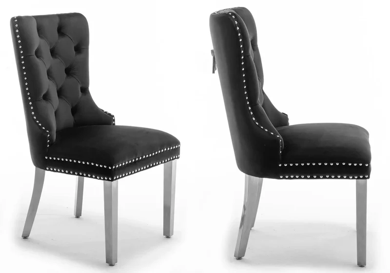 Chaises en velours noir avec poignée argentée - Lora x2