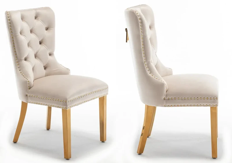 Chaises en velours beige avec poignée dorée - Lora x2
