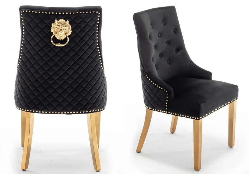 Chaise capitonnée velours noir tête de lion dorée - Lion x2