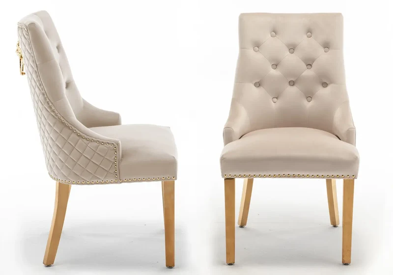 Chaise capitonnée velours beige tête de lion dorée - Lion x2