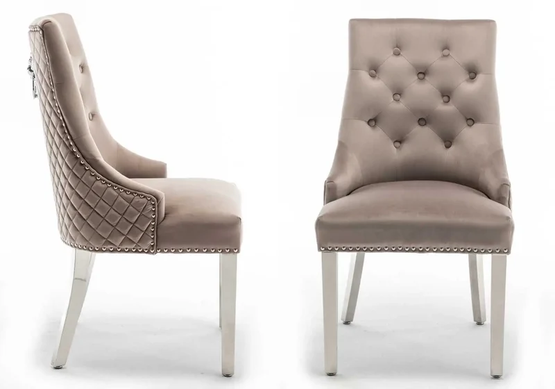 Chaise capitonnée velours moka tête de lion argent - Lion x2