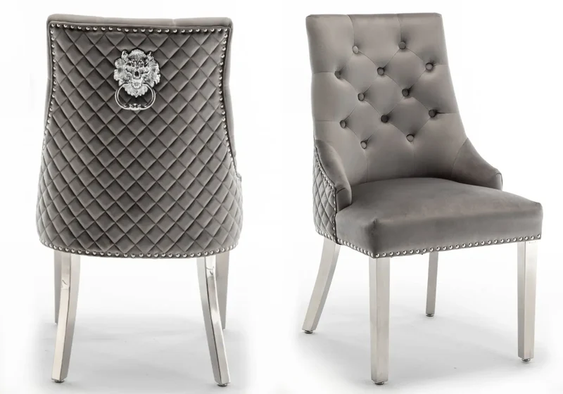 Chaise capitonnée velours gris tête de lion argent - Lion x2