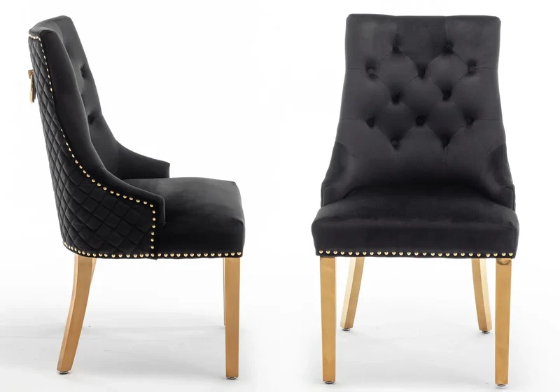 Chaise capitonnée velours noir anneau doré - Lidy x2