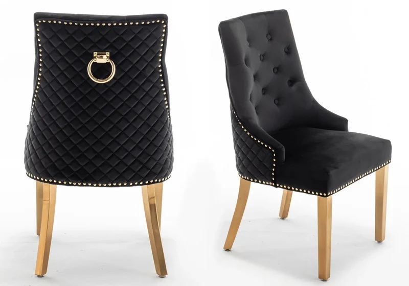 Chaise capitonnée velours noir anneau doré - Lidy x2
