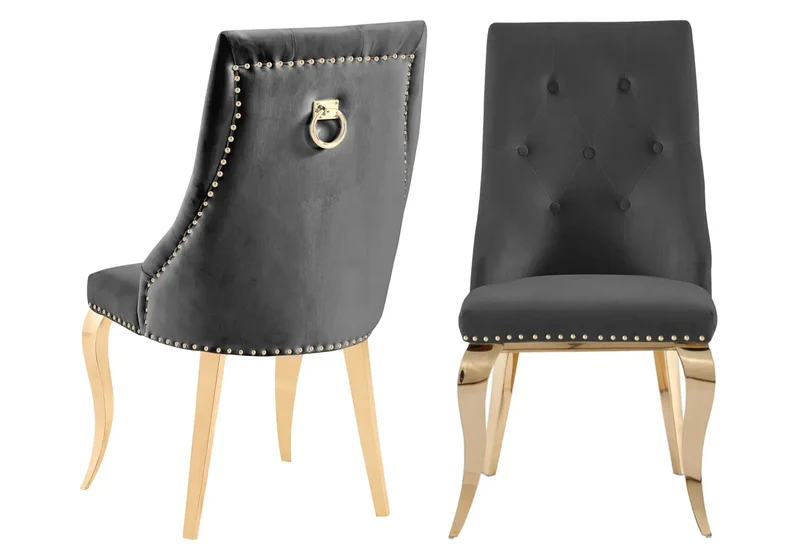 Chaises cloutées en velours anthracite et anneau doré - Lara x4