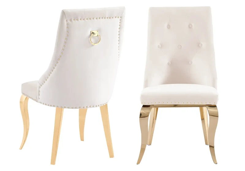 Chaises cloutées en velours écru et anneau doré - Lara x4