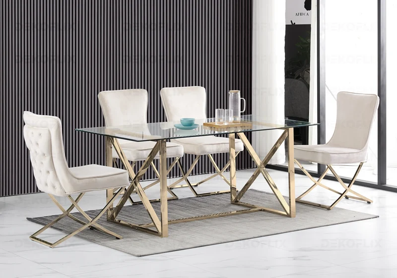 Chaise capitonnée pied croisé doré beige - Enzo x2