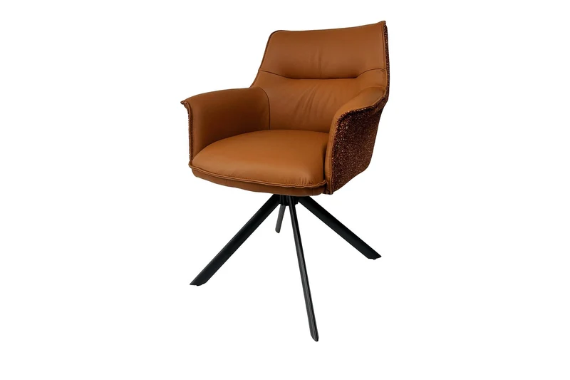 Lot de 2x fauteuils pivotant LE GRAND cuir véritable cognac tissu texturé structure métal noir