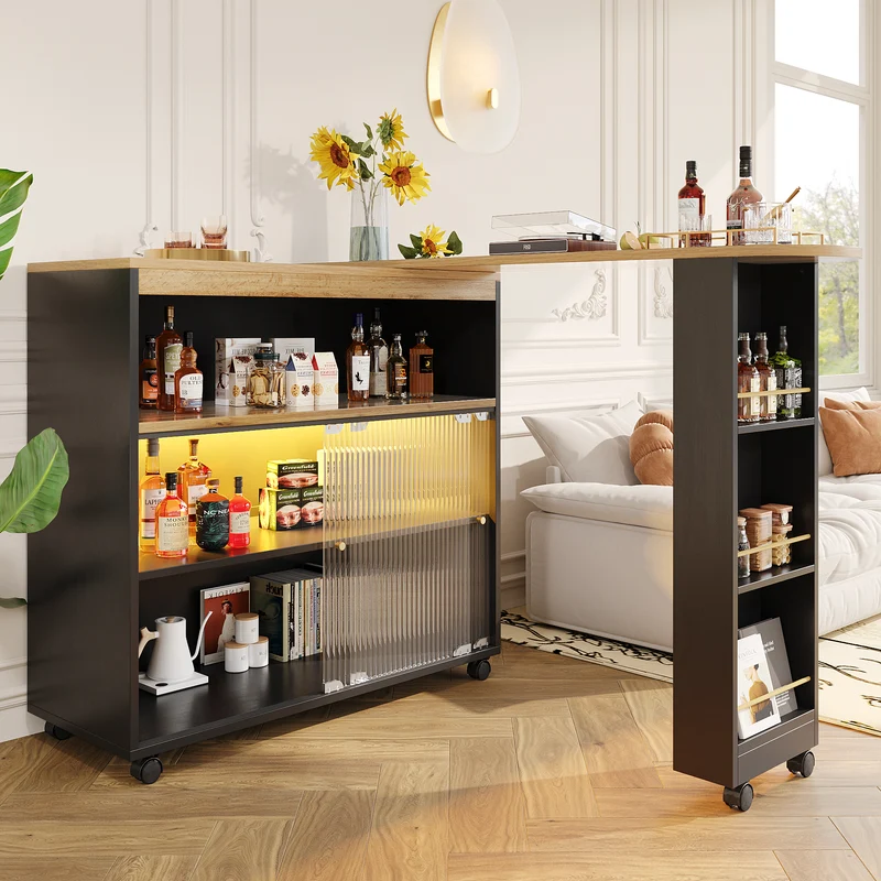 Table de bar mobile pivotante noire avec éclairage LED – 138–204 x 39 x 105 cm – INFINITEINFINIX