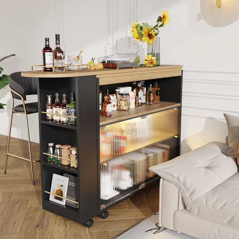 Table de bar mobile pivotante noire avec éclairage LED – 138–204 x 39 x 105 cm – INFINITEINFINIX