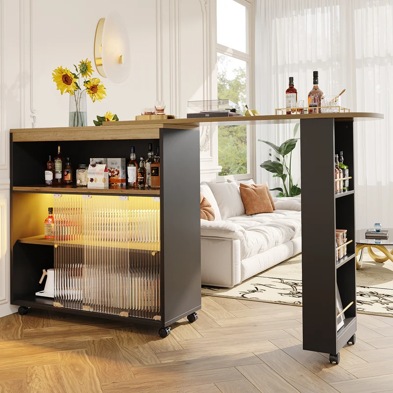 Table de bar mobile pivotante noire avec éclairage LED – 138–204 x 39 x 105 cm – INFINITEINFINIX