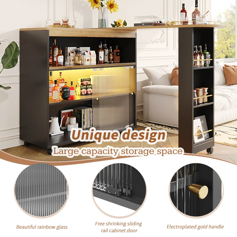 Table de bar mobile pivotante noire avec éclairage LED – 138–204 x 39 x 105 cm – INFINITEINFINIX