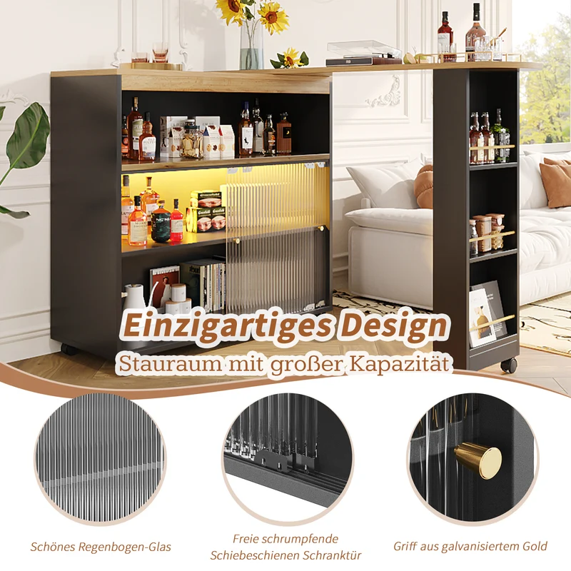 Table de bar mobile pivotante noire avec éclairage LED – 138–204 x 39 x 105 cm – INFINITEINFINIX