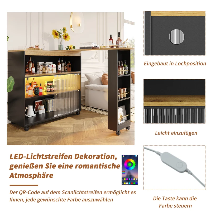 Table de bar mobile pivotante noire avec éclairage LED – 138–204 x 39 x 105 cm – INFINITEINFINIX