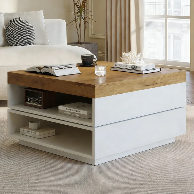 Table basse effet bois carrée pivotant 360° avec LED 65x65x40cm MERIDIANMOMENT