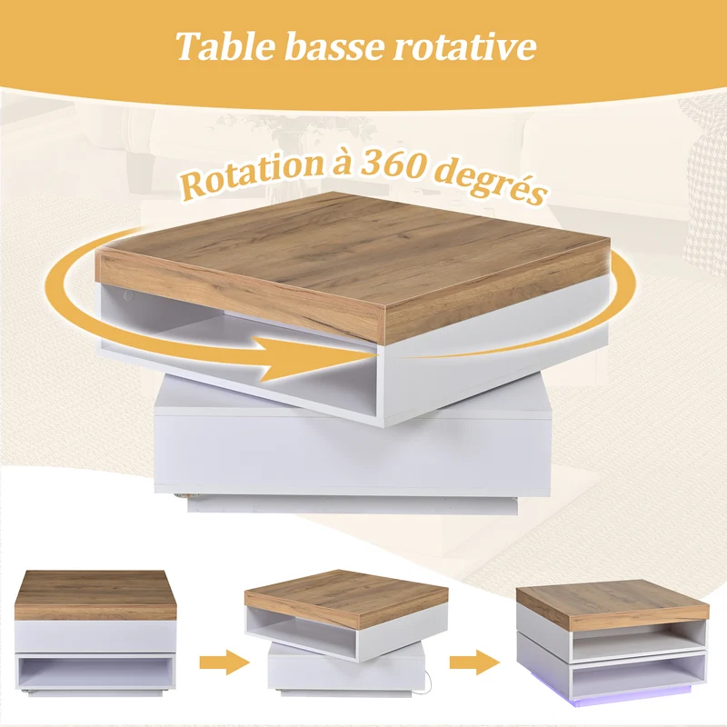 Table basse effet bois carrée pivotant 360° avec LED 65x65x40cm MERIDIANMOMENT