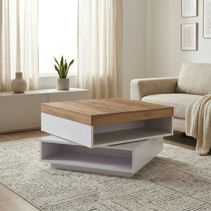 Table basse effet bois carrée pivotant 360° avec LED 65x65x40cm MERIDIANMOMENT