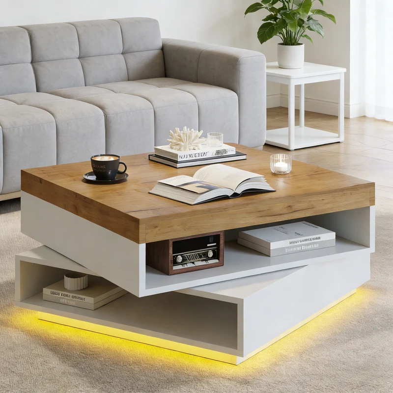 Table basse effet bois carrée pivotant 360° avec LED 65x65x40cm MERIDIANMOMENT