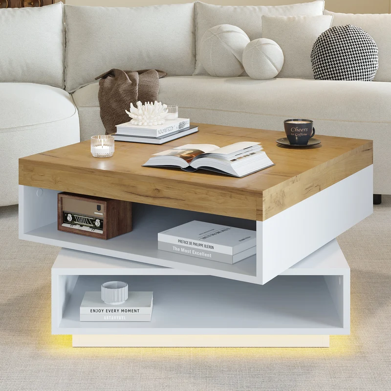 Table basse effet bois carrée pivotant 360° avec LED 65x65x40cm MERIDIANMOMENT