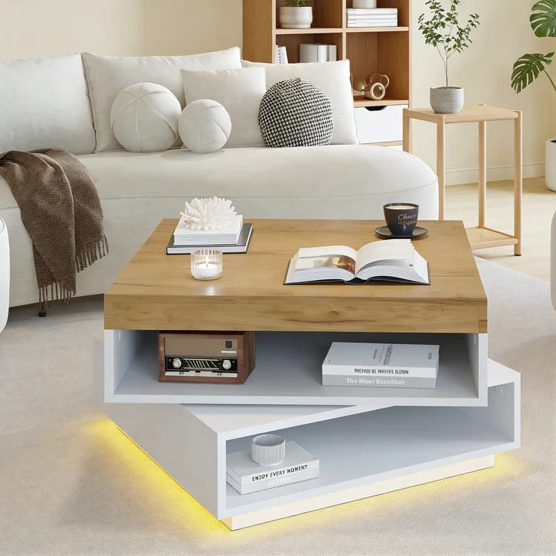 Table basse effet bois carrée pivotant 360° avec LED 65x65x40cm MERIDIANMOMENT