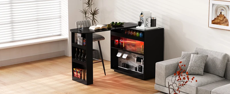 Table de bar extensible noir et pivotant 360° avec LED et prises 120x50x95,5 cm FLAREITYY
