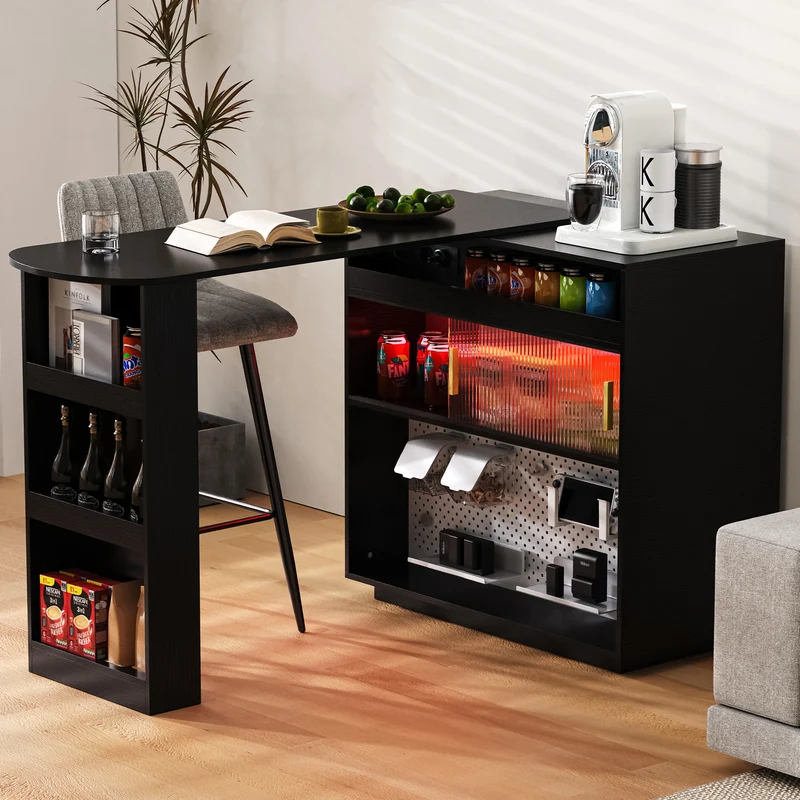 Table de bar extensible noir et pivotant 360° avec LED et prises 120x50x95,5 cm FLAREITYY