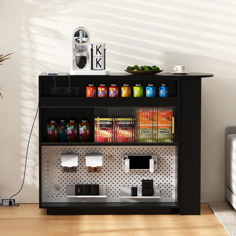 Table de bar extensible noir et pivotant 360° avec LED et prises 120x50x95,5 cm FLAREITYY