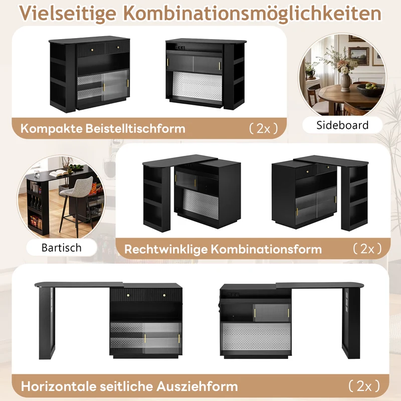 Table de bar extensible noir et pivotant 360° avec LED et prises 120x50x95,5 cm FLAREITYY