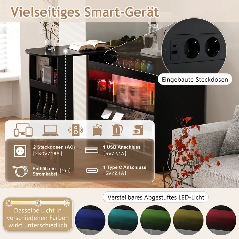 Table de bar extensible noir et pivotant 360° avec LED et prises 120x50x95,5 cm FLAREITYY