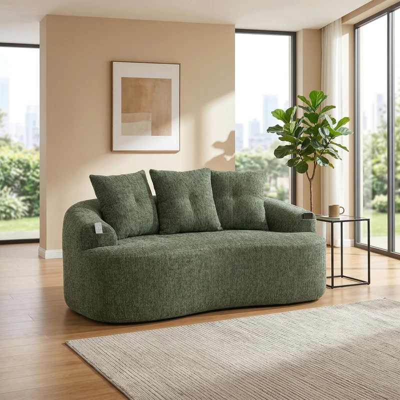 Canapé 2 places en chenille vert coussins profonds sans montage 164cm FLAREMOMENTUU