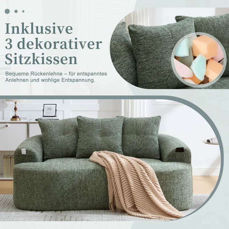 Canapé 2 places en chenille vert coussins profonds sans montage 164cm FLAREMOMENTUU