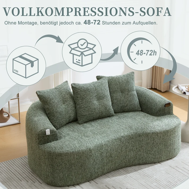 Canapé 2 places en chenille vert coussins profonds sans montage 164cm FLAREMOMENTUU
