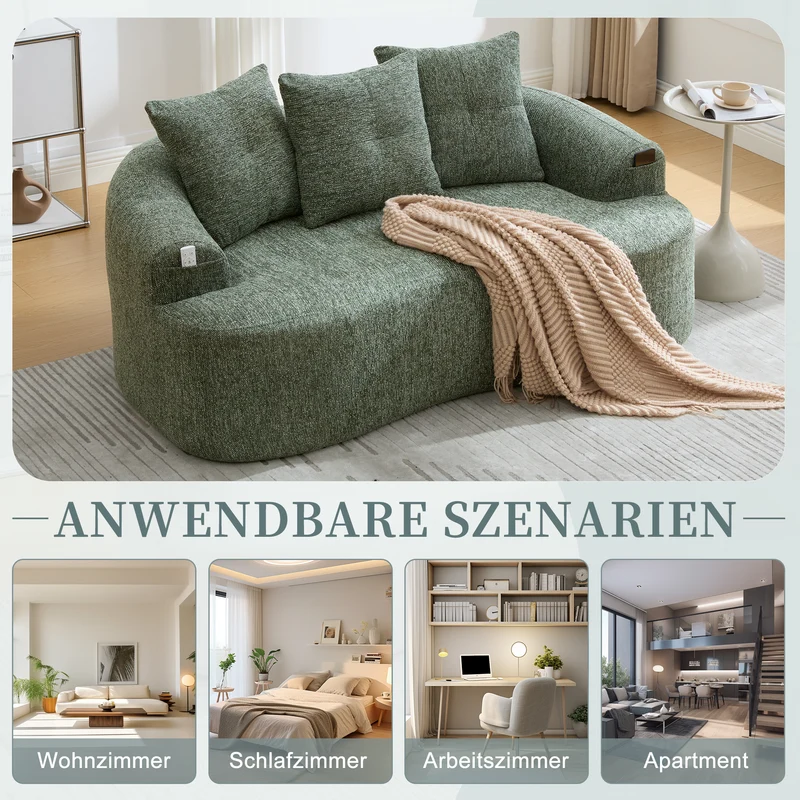 Canapé 2 places en chenille vert coussins profonds sans montage 164cm FLAREMOMENTUU