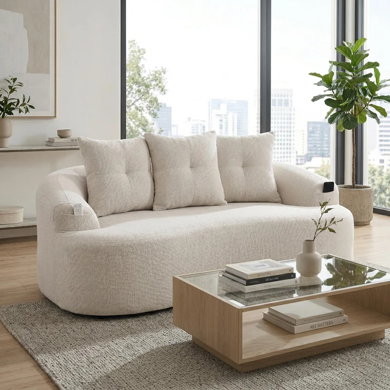 Canapé 2 places en chenille beige coussins profonds sans montage 164cm FLARECASCADEE
