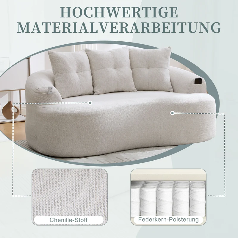 Canapé 2 places en chenille beige coussins profonds sans montage 164cm FLARECASCADEE