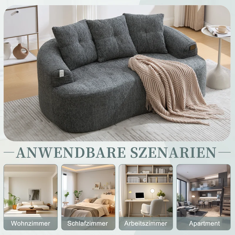 Canapé 2 places en chenille grise coussins profonds sans montage 164cm FLAREMERIDIA